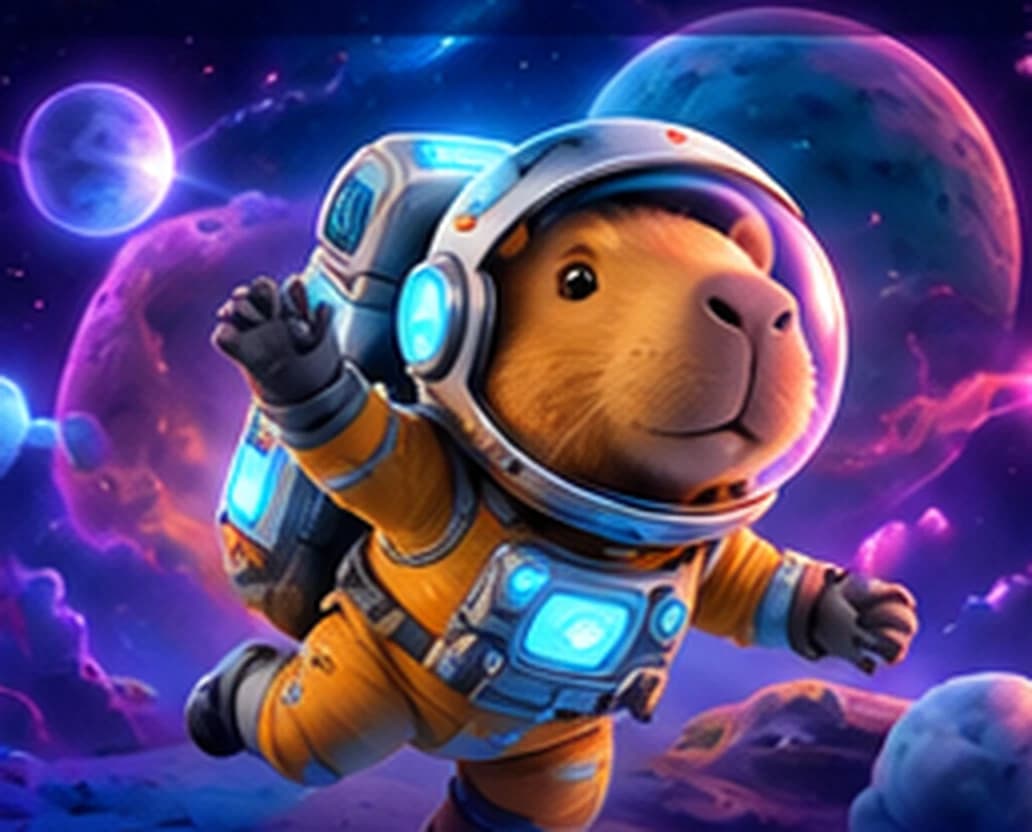 Captain Capy floating among purple planets